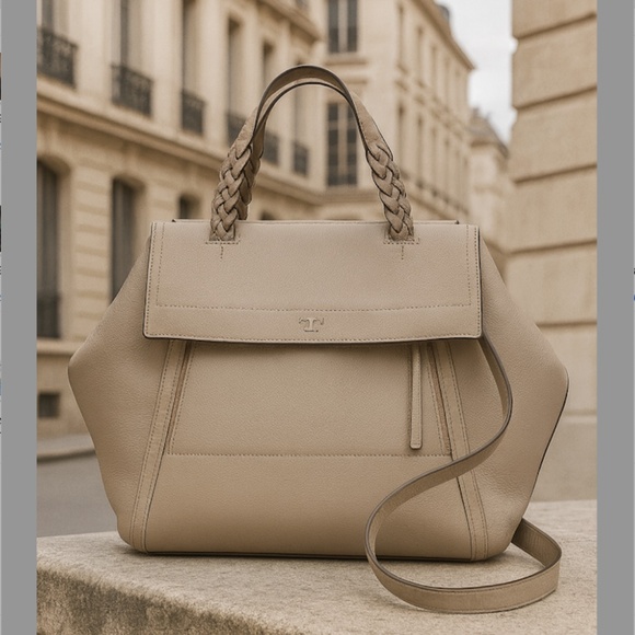 New Tory Burch Half-Moon Gray Leather Small Satchel/Shoulder/Crossbody Bag AUTH - Picture 1 of 13